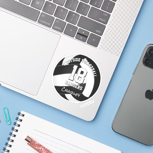 Schwarz-weiße Mannschaftsfarbe Name des Volleyball Aufkleber (Laptop mit iPhone)