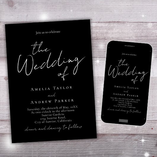 Schwarz-weiße Minimal-Script-Elegant-QR-Code-Hochz Einladung