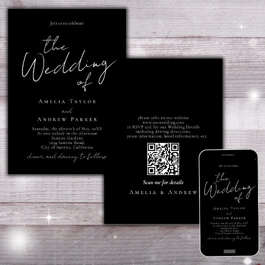 Schwarz-weiße Minimal-Script-Elegant-QR-Code-Hochz Einladung