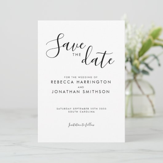 Schwarz-weiße Minimale Hochzeit Save the Date (Stehend Vorderseite)