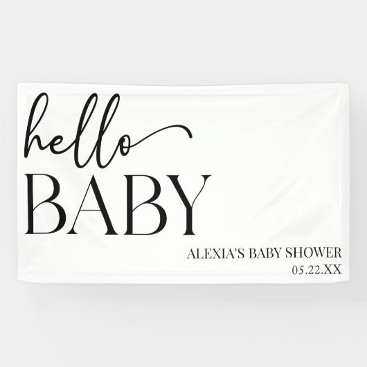 Schwarz-weiße Minimalistische Hello Baby Dusche Banner (Horizontal)