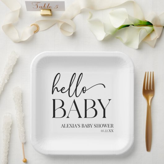 Schwarz-weiße Minimalistische Hello Baby Dusche Pappteller (Hochzeit)