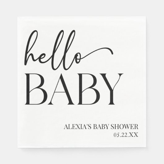 Schwarz-weiße Minimalistische Hello Baby Dusche Serviette (Vorderseite)