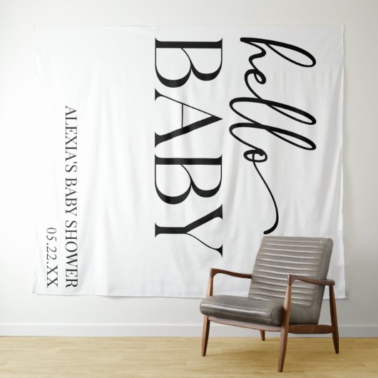 Schwarz-weiße Minimalistische Hello Baby Dusche Wandteppich (Beispiel (Horizontal))