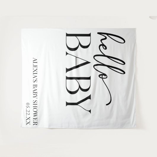 Schwarz-weiße Minimalistische Hello Baby Dusche Wandteppich (Vorderseite (Horizontal))