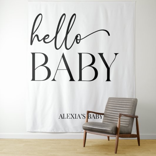 Schwarz-weiße Minimalistische Hello Baby Dusche Wandteppich (Beispiel)