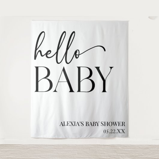 Schwarz-weiße Minimalistische Hello Baby Dusche Wandteppich (Vorderseite)