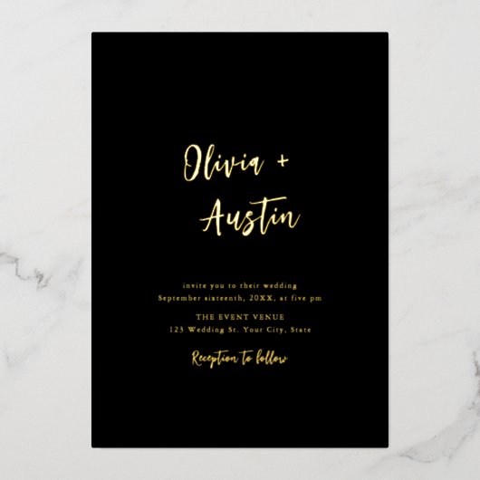 Schwarz-weiße Minimalistische Hochzeit mit moderne Folieneinladung (Vorderseite)