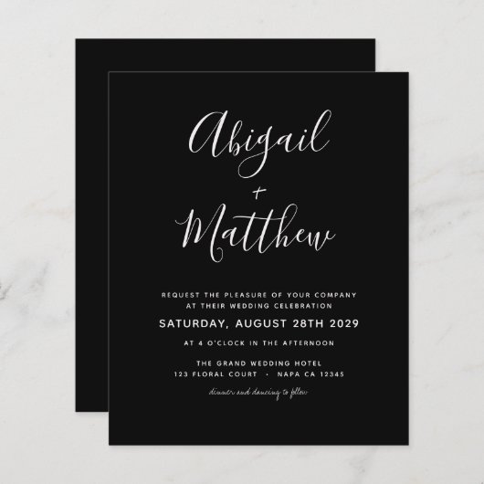 Schwarz-weiße Minimalistische Hochzeitseinladung (Vorne/Hinten)