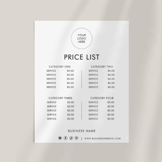 Schwarz-weiße Minimalistische Preisliste