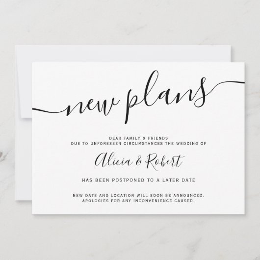Schwarz-weiße Minimalschrift verschoben neue Pläne Einladung (Vorderseite)