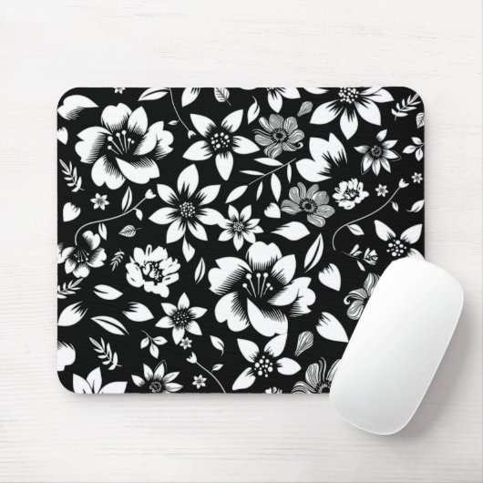 Schwarz-weiße, moderne Blätter mit Blumenmuster Mousepad (Mit Mouse)