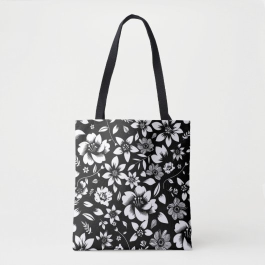 Schwarz-weiße, moderne Blätter mit Blumenmuster Tasche (Vorderseite)