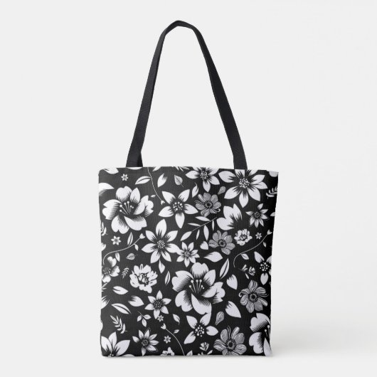Schwarz-weiße, moderne Blätter mit Blumenmuster Tasche (Rückseite)