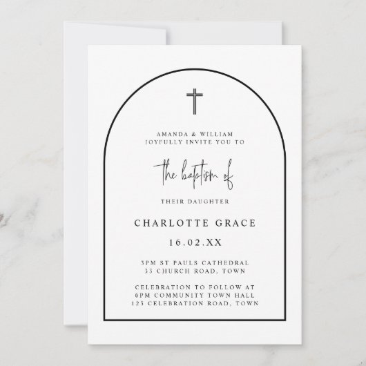 Schwarz-weiße moderne Bogenschrift Minimalistische Einladung (Vorderseite)