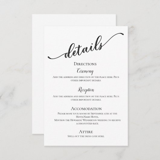 Schwarz-weiße moderne, einfache Minimaldetails Hoc Begleitkarte (Vorne/Hinten)