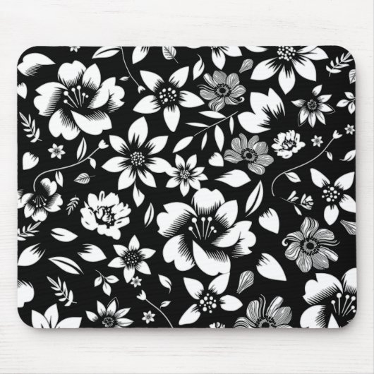 Schwarz Weiße Moderne Florale Blätter Fliegende Dr Mousepad (Vorne)