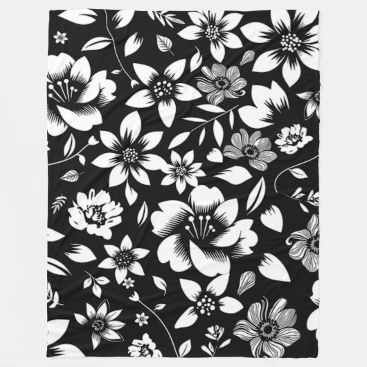 Schwarz Weiße Moderne Florale Blätter Wehen Fleecedecke (Vorderseite)