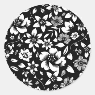 Schwarz Weiße Moderne Florale Blätter Wehen Runder Aufkleber