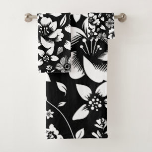 Schwarz Weiße Moderne Florale Blätter Wehend Badhandtuch Set