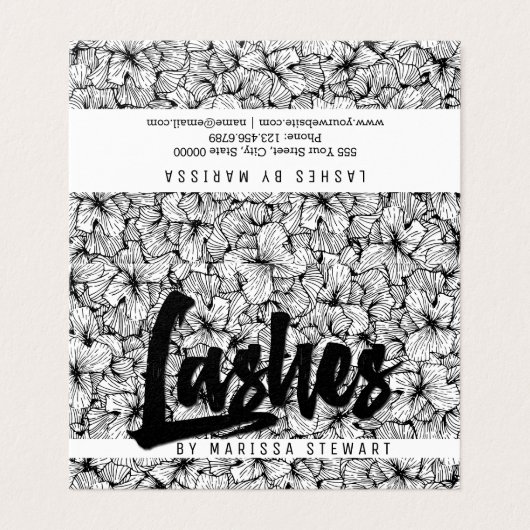 Schwarz-weiße moderne gezeichnete Blumen-Peitschen Visitenkarten (Außenseite Aufgefaltet)