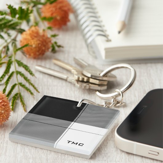 Schwarz-weiße, moderne Karierte INITIALS Präppy Ch Schlüsselanhänger (Vorderseite rechts)