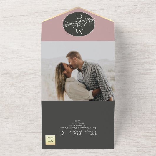 Schwarz-weiße moderne Monogramm-Hochzeit All In One Einladung (Außenbereich)