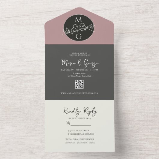 Schwarz-weiße moderne Monogramm-Hochzeit All In One Einladung (Innen Boden)