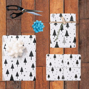 Schwarz-weiße monochrome Weihnachtsbaumen Minimal Geschenkpapier Set