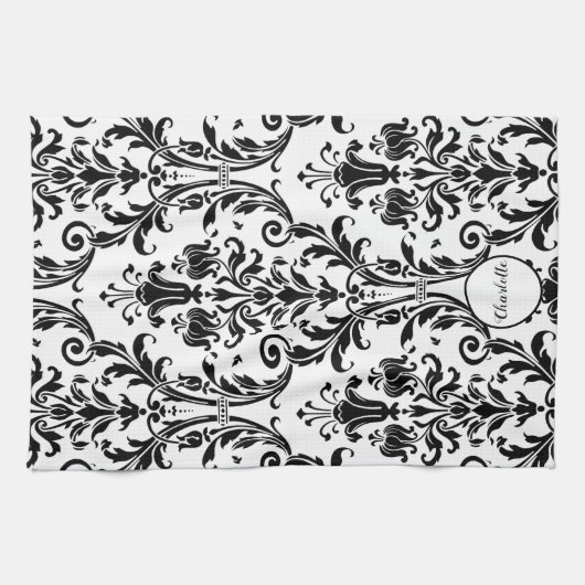 Schwarz-weiße Monogram-Benutzerdefinierte Name Flo Geschirrtuch (Horizontal)