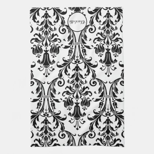 Schwarz-weiße Monogram-Benutzerdefinierte Name Flo Geschirrtuch (Vertikal)