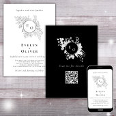 Schwarz-weiße Monogram Floral QRCode Elegant Weddi Einladung