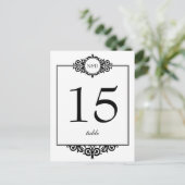 Schwarz-weiße monogramm Hochzeitskarte Tischnummer (Stehend Vorderseite)