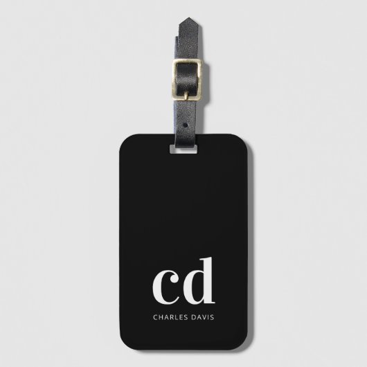 Schwarz-weiße Monogramm-Initialen elegant, modern Gepäckanhänger (Vorderseite Vertikal)