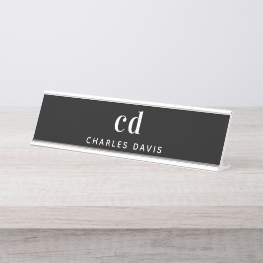 Schwarz-weiße Monogramm-Initialen minimalistisch m Schreibtischnamensplakette (Vorderseite )