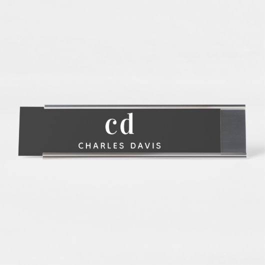 Schwarz-weiße Monogramm-Initialen minimalistisch m Schreibtischnamensplakette (Vorderseite )