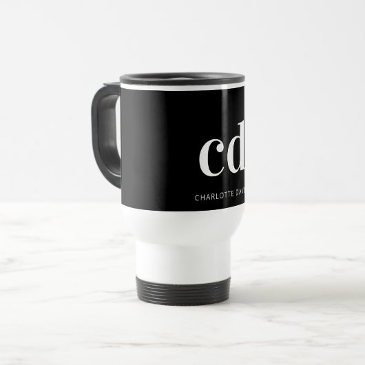 Schwarz-weiße Monogramm-Initialen minimalistisch Reisebecher (Vorderseite Links)
