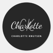 Schwarz-weiße Monogramm-Initialen minimalistische Runder Aufkleber (Vorderseite)