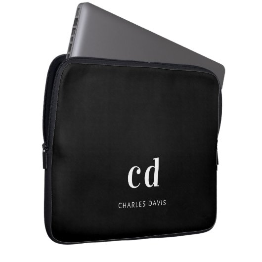 Schwarz-weiße Monogramm-Initittien Name minimalist Laptopschutzhülle (Vorne Rechts)