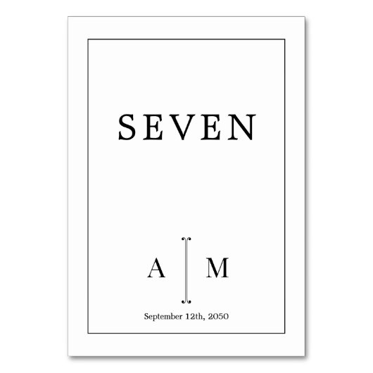 Schwarz-weiße Monogramm-Minimal-Hochzeitgrenze Tischnummer (Rückseite)
