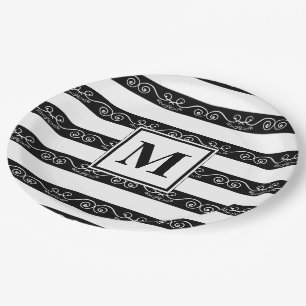 Schwarz-weiße Monogramm-Streifen Pappteller