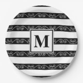 Schwarz-weiße Monogramm-Streifen Pappteller (Vorderseite)
