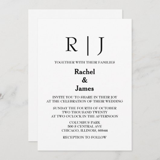 Schwarz-weiße Monogramme Elegante Minimale Hochzei Einladung (Vorne/Hinten)