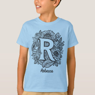 Schwarz-weiße monogrammierte Tätowierstil-Blumen T-Shirt