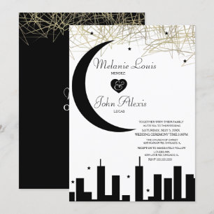 Schwarz-weiße nächtliche Skyline-Folie Hochzeit Einladung