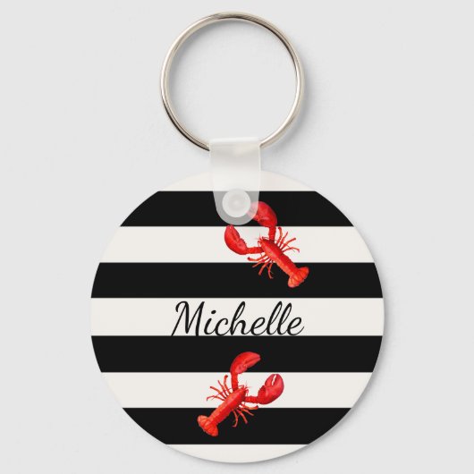 Schwarz-weiße nautische Streifen Rote Hummer Monog Schlüsselanhänger (Vorderseite)