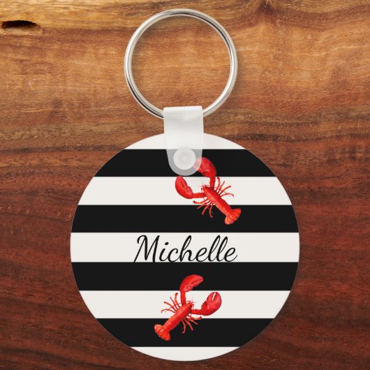 Schwarz-weiße nautische Streifen Rote Hummer Monog Schlüsselanhänger (Vorderseite)
