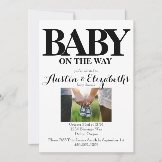 Schwarz-weiße neutrale, einfache moderne Babydusch Einladung (Vorderseite)