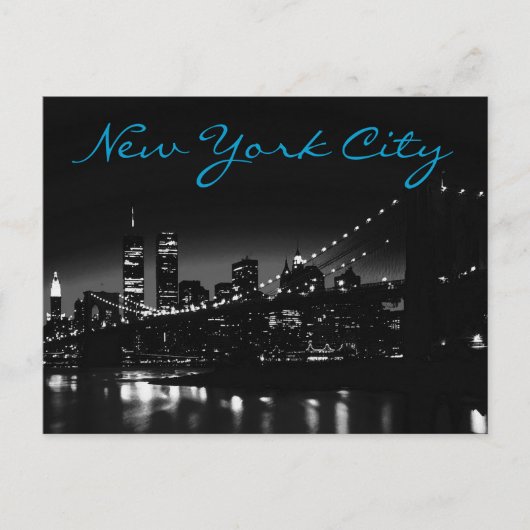 Schwarz-weiße New York Night Blue Script Postcard Postkarte (Vorderseite)