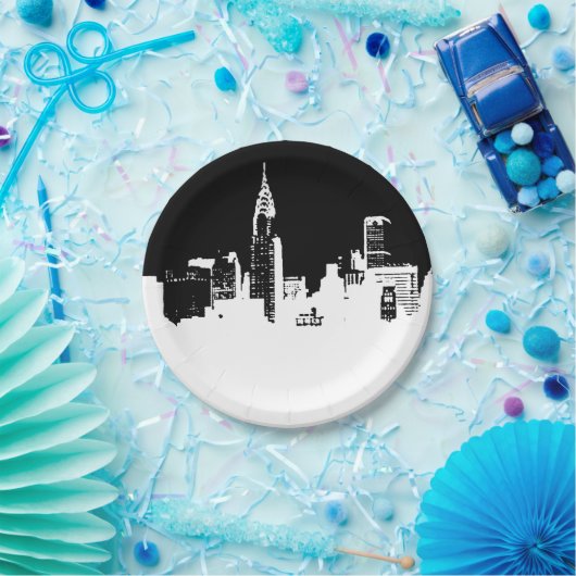 Schwarz-weiße New Yorker City Skyline Pop Art Pappteller (Party)